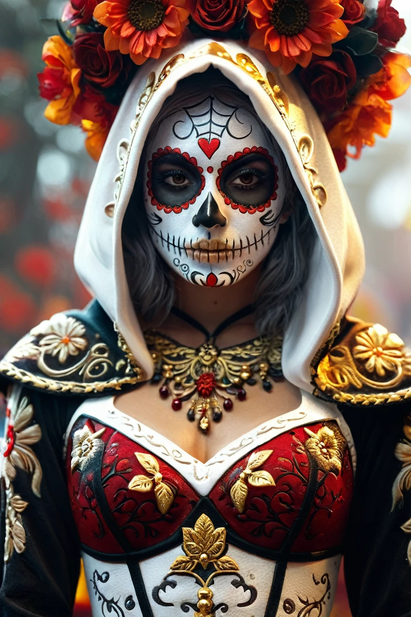 woman dressed sugar skull costume flowers, amazing octane render, thick dust red tones, wearing golden halo, saint woman, white skeleton face, wearing dark hood, hyperrealistic concept art, flower,