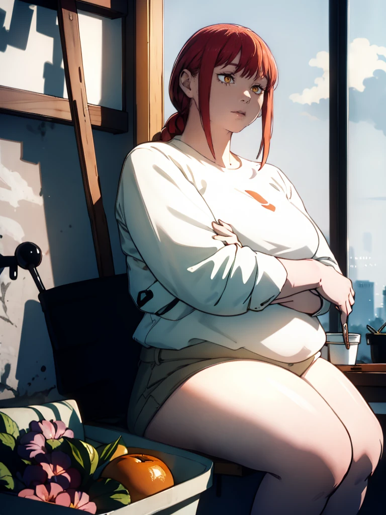 Le personnage Makima de la série animée Chainsaw Man, fragile, obésité morbide, ssbbw, pleine longueur (corps entier 1.1.), fond sombre, obscurité, anatomie correcte 1.1, anatomie correcte de la main, Très féminin, corps gras et rond, grosses Jambes, fesses, beau corps obèse, ventre rond et mou très gras, cheveux roux, Yeux oranges, Cercles rouges pour les écoliers, chemise blanche, jupe noire, cravate noire, pose sexy, réaliste, very détaillé, beau corps, détaillé body, détaillé hands, détaillé, vibrant, détaillé Face, Conception des personnages de Makima. very détaillé, détaillé body, détaillé hands, détaillé Face, Art animé, Hugh Détails, Visage très abattu, détaillé eyes, Illustration ultra fine, Meilleure ombre, détail fin, beautiful détaillé glow, beautiful détaillé, Extraordinairement beau, extremely détaillé, inexpressif, composition épique, Style animé. art animé, Style animé. Jupe noire, chemise blanche, cravatte, pose sexy