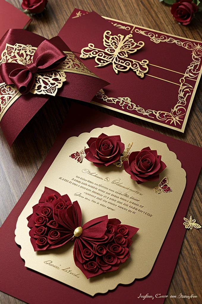 Create a 15th birthday invitation with wine red and gold butterflies and roses 