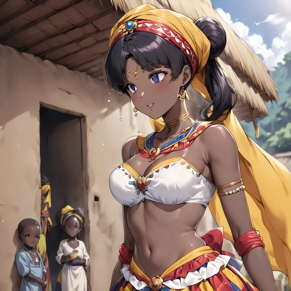 ((Highest quality)), ((masterpiece)), (detailed), （Perfect Face）、The woman is a Ghanaian born Tsukino Usagi with a vivid dark skin, black by birth, and is wearing a colorful Ghanaian dress from a Ghanaian village, a colorful turban head scarf, gorgeous jeweled accessories, and an engagement ring.、The woman is the elegant Tsukino Usagi, with her short black afro hair tied up in a Ghana braid, wearing a colorful Ghanaian dress and a colorful turban head scarf, with vibrant dark brown skin, a natural-born black person, and a natural-born Ghanaian, Tsukino Usagi.、（The woman is a black Ghanaian with vivid dark brown skin.）、The woman is raising children and doing village work with other village girls in her village in Ghana.、、The woman is holding her baby daughter、Polygamous Ghanaian families are large and have many other wives and children.