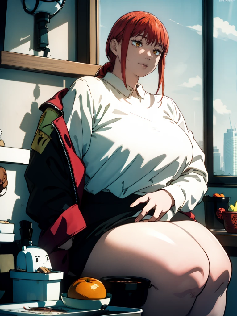 Le personnage Makima de la série animée Chainsaw Man, fragile, obésité morbide, ssbbw, pleine longueur (corps entier 1.1.), fond sombre, obscurité, anatomie correcte 1.1, anatomie correcte de la main, Très féminin, corps gras et rond, grosses Jambes, fesses, beau corps obèse, ventre rond et mou très gras, cheveux roux, Yeux oranges, Cercles rouges pour les écoliers, chemise blanche, jupe noire, cravate noire, pose sexy, réaliste, very détaillé, beau corps, détaillé body, détaillé hands, détaillé, vibrant, détaillé Face, Conception des personnages de Makima. very détaillé, détaillé body, détaillé hands, détaillé Face, Art animé, Hugh Détails, Visage très abattu, détaillé eyes, Illustration ultra fine, Meilleure ombre, détail fin, beautiful détaillé glow, beautiful détaillé, Extraordinairement beau, extremely détaillé, inexpressif, composition épique, Style animé. art animé, Style animé. Jupe noire, chemise blanche, cravatte, pose sexy