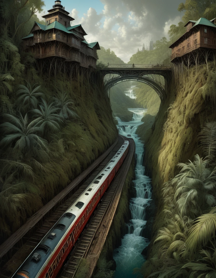 MASTERPIECE by Aaron Horkey and Jeremy Mann, masterpiece, best quultradetailed, symmetrical composition, the rails cross rivers, a forest, a city, a river, a tropical jungle, a desert until they reach a lighthouse on a lake, a train travels on the rails