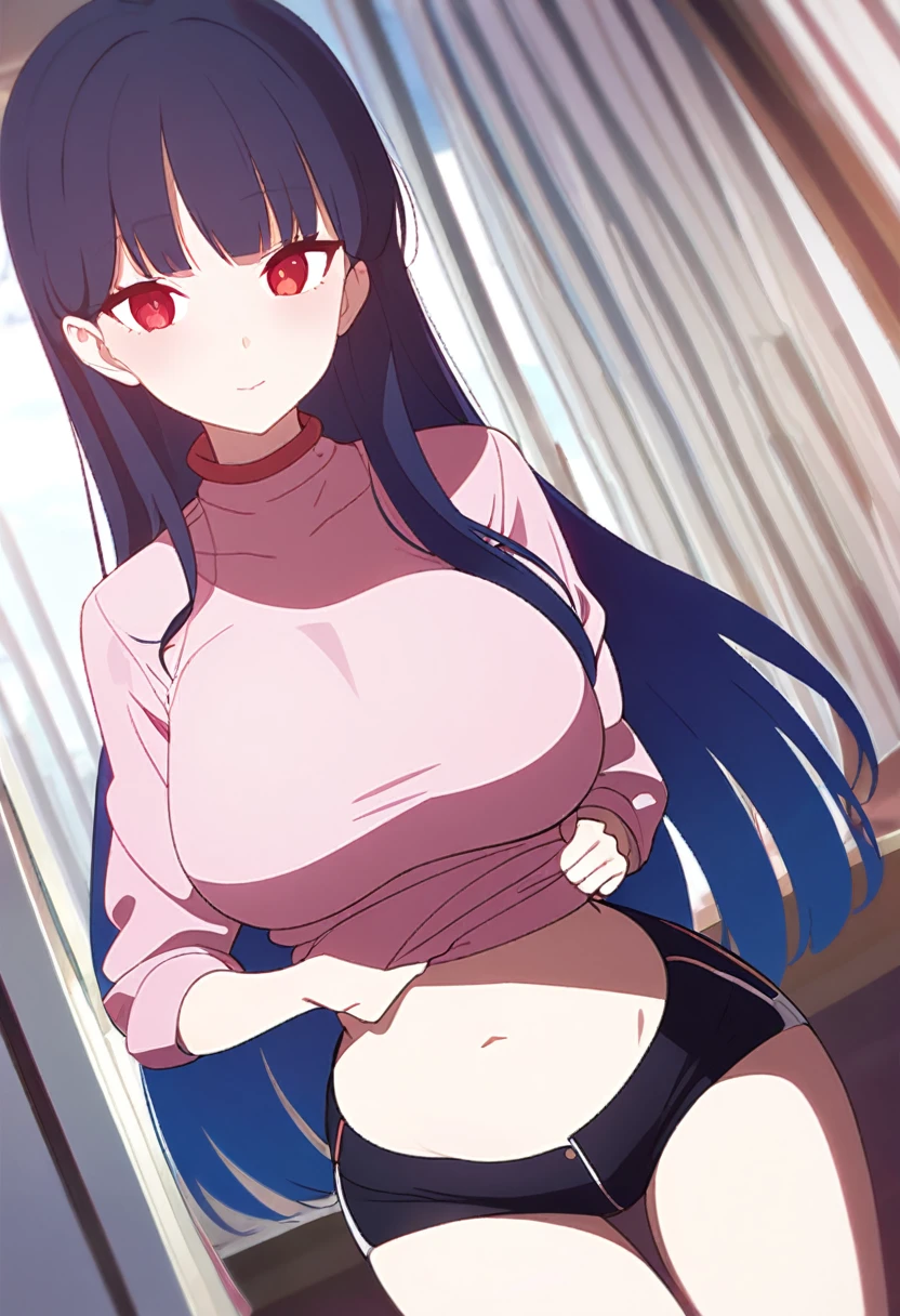 My name is Yukiko.I am a white test woman with long Sky blue hair,red eye color.I am 1.62 cm tall . My breasts measure 200 cm, my waist 40 cm and my hips 200 cm. Dressed in a tight low-cut pink blouse along with short black shorts  . With big breasts 200 cm