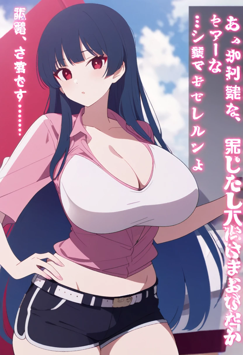 My name is Yukiko.I am a white test woman with long Sky blue hair,red eye color.I am 1.62 cm tall . My breasts measure 200 cm, my waist 40 cm and my hips 200 cm. Dressed in a tight low-cut pink blouse along with short black shorts . With big breasts 200 cm