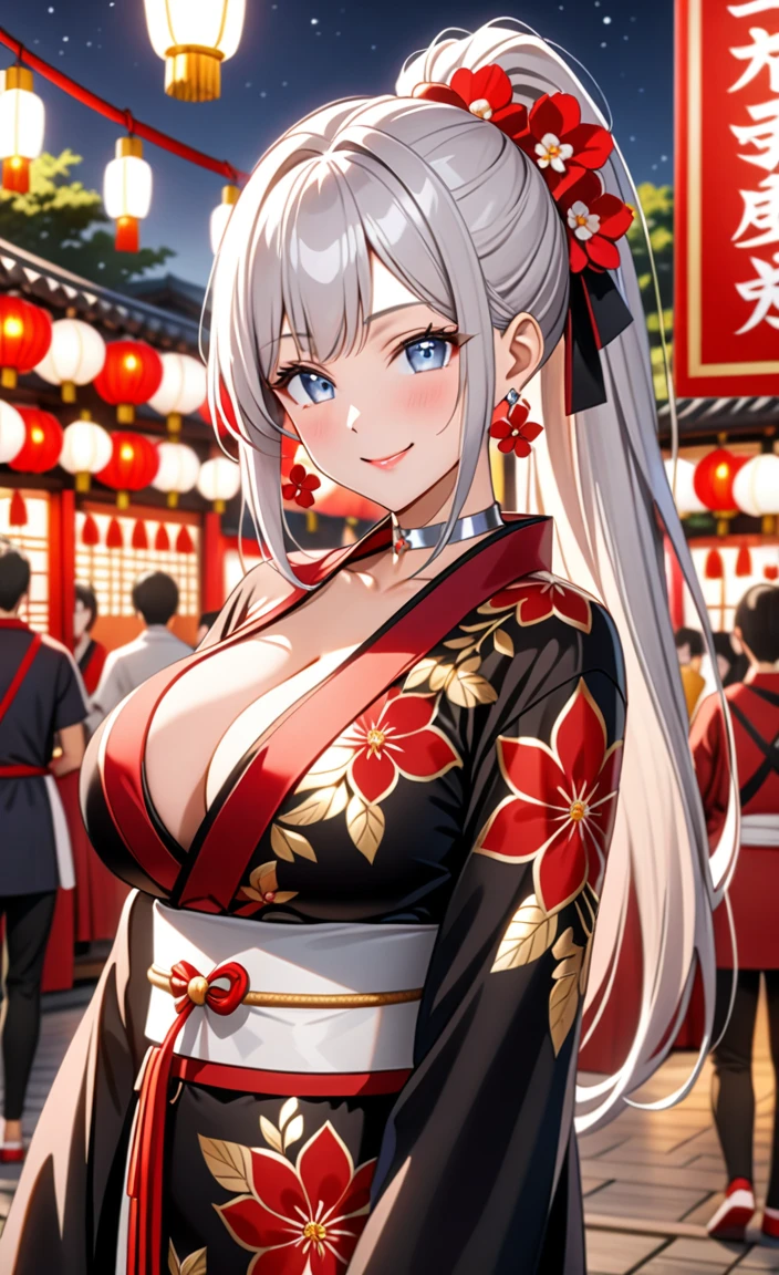 ((one girl)), hyper detailed, absurdres, 8K,Cute face, (Laugh shyly), ((teasing smile:1.8)), ((Wink:1.8)), (Laugh with your mouth wide open:1.3),(Tilt your head:1.3), View your viewers, ((Bright red cheeks:1.6)),Glossy Red Lips, ((Big Breasts:1.5)) night, Shrine festival stalls, (Brighten your face), ((Anime style background)),masterpiece, Highest quality, so beautiful,Latest, Complex details, (Pink long nails), (nail art), (ring),(bracelet), (Floral Choker),AI-generated, Complex,High resolution, Highest quality, super high quality,3D Images、3D Images,One person,Long white hair,(High Ponytail), Anime woman posing for a photo,((blue eyes:1.2)), ((Fine grain、Silver Eyes、Shining Eyes:1.7)), (Squint your eyes:1.1),a hyperRealistic , hyperRealistic , Realistic,Anime woman with long white hair, Smooth anime CG art, With gold embroidery、A girl in a gorgeous kimono, ((Black long sleeve kimono:1.3)),(Red large floral pattern) ,Long flower hair ornament,Floral Earrings,Mature Body, expensive,Abdominal muscles,Tight waist,((Zoom in on face:2.1)),(front view),