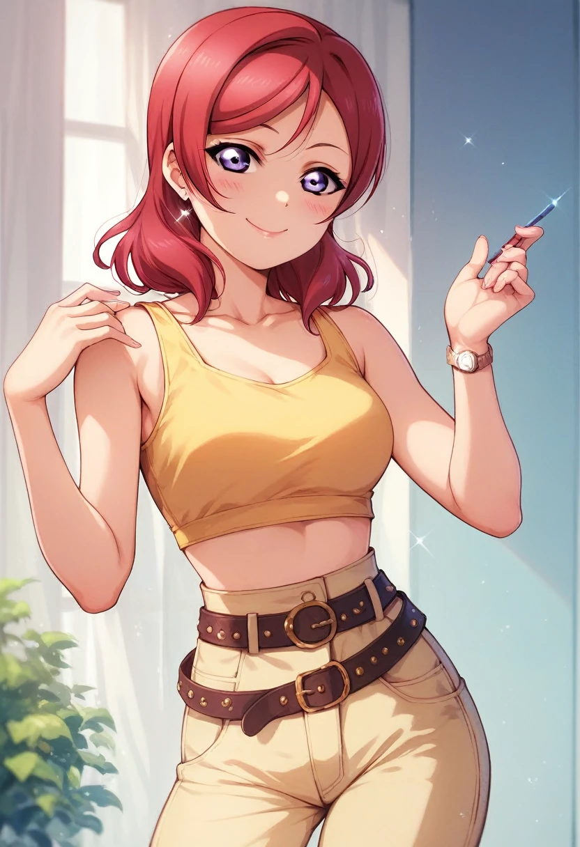Maki nishikino,love live,highres,red hair ,dolo, purple eyes,blush ,collarbone , yellow crop top, sleeveless,high waist trousers,thin belt,hand watch, fashion , (smile:0.6),(lipstick:0.7)
