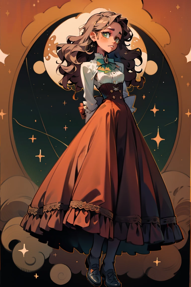masterpiece, absurdres, 1girl, cowboyshot, tachi-e, mature woman, best aesthetics, medium breasts, wide hips, thick thighs, dark hair, narrow eyes, dark skin, ankle-length dress, arched nose, soft shading, very detailed face, clean lines, dynamic pose, anatomically correct, hyperdetailed, beautiful lighting, dark atmosphere, dark eyeshadow, good makeup, detailed hair, green eyes, sparkling eyes, telescope, magic, fantasy, medieval, high fantasy, black stockings, comfy, cozy, tareme, medium chest, SFW, long dress, arms behind back, outdoors, constellations in sky, stargazing, extremely curly hair, BC shape hair strand, closed wavy hair, kinky hair, african, adult woman, hourglass figure, brown corset