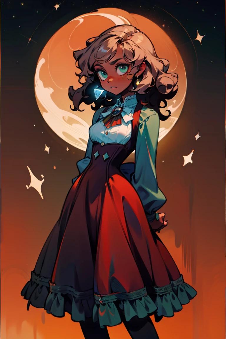masterpiece, absurdres, 1girl, cowboyshot, tachi-e, mature woman, best aesthetics, medium breasts, wide hips, thick thighs, dark hair, narrow eyes, dark skin, ankle-length dress, arched nose, soft shading, very detailed face, clean lines, dynamic pose, anatomically correct, hyperdetailed, beautiful lighting, dark atmosphere, dark eyeshadow, good makeup, detailed hair, green eyes, sparkling eyes, telescope, magic, fantasy, medieval, high fantasy, black stockings, comfy, cozy, tareme, medium chest, SFW, long dress, arms behind back, outdoors, constellations in sky, stargazing, extremely curly hair, BC shape hair strand, closed wavy hair, kinky hair, african, adult woman, hourglass figure, brown corset