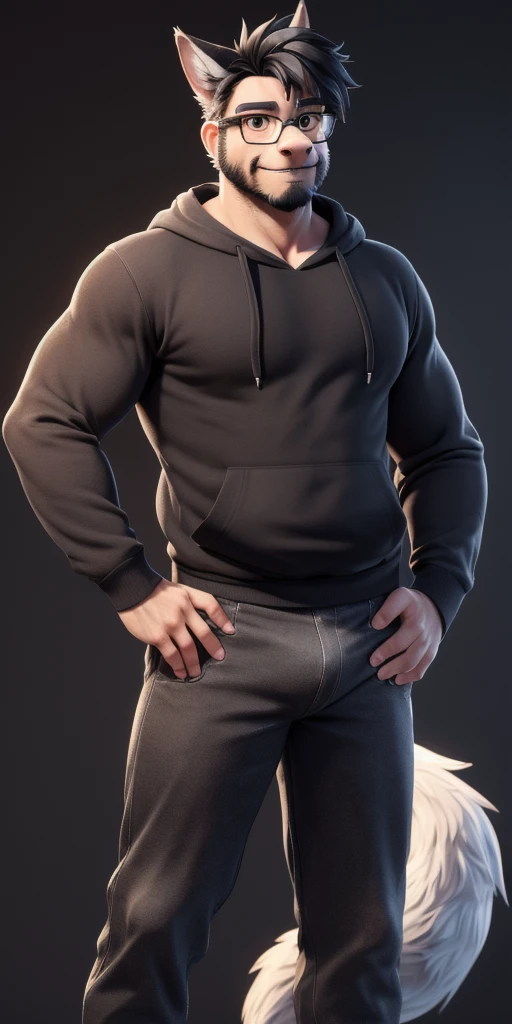 ((masterpiece, best quality:1.4)), bokeh, fluffy, 3d, animal hands, 
furry male, dad bod, glasses, solo, anthro, wolf boy, cowboy shot, hand on hip, 
black hair, grey fur, brown eyes, short hair, black hoodie, long sleeves, long tail, black pants, bulge, 
black background,