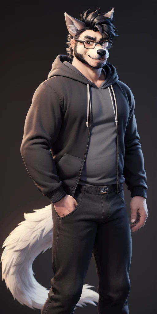 ((masterpiece, best quality:1.4)), bokeh, fluffy, 3d, animal hands, 
furry male, dad bod, glasses, solo, anthro, wolf boy, cowboy shot, hand on hip, 
black hair, grey fur, brown eyes, short hair, black hoodie, long sleeves, long tail, black pants, bulge, 
black background,