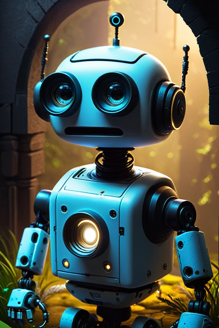 Create a little talking robot in a mysterious place