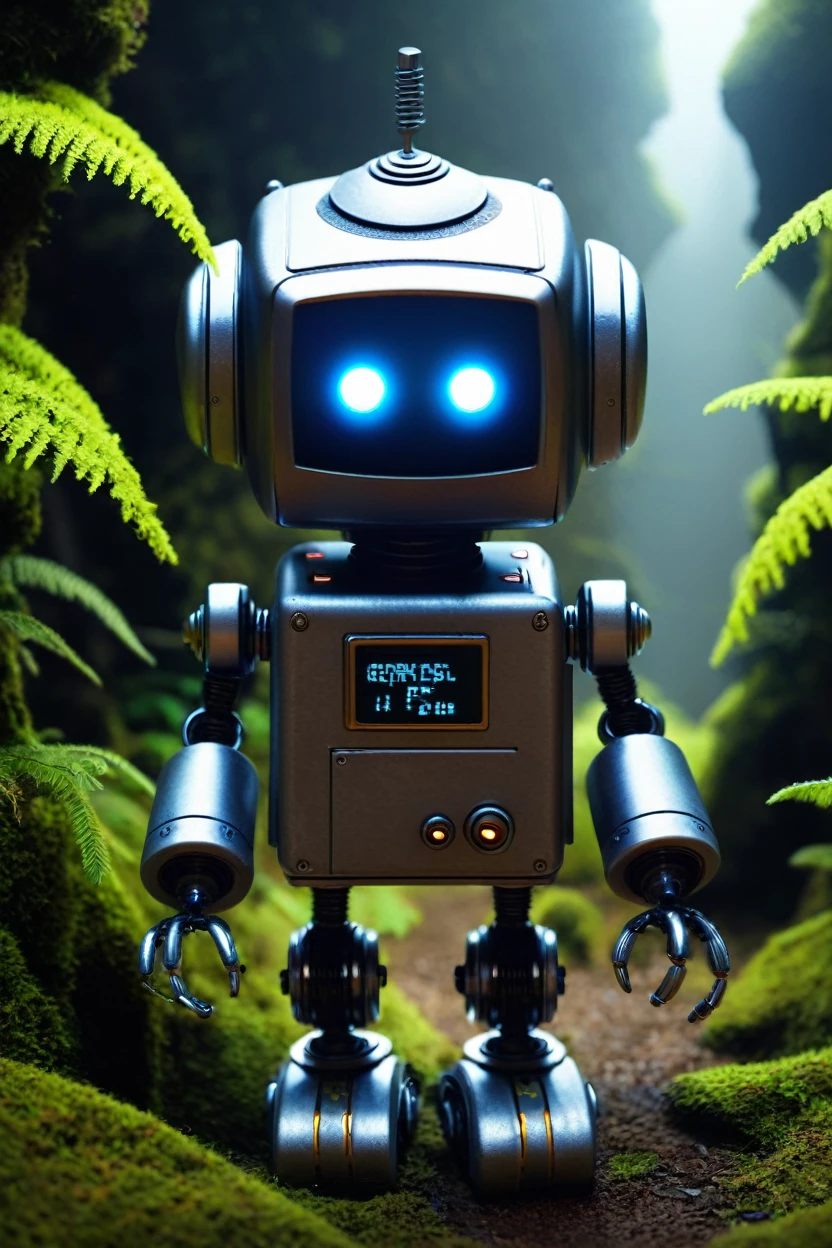 Create a little talking robot in a mysterious place