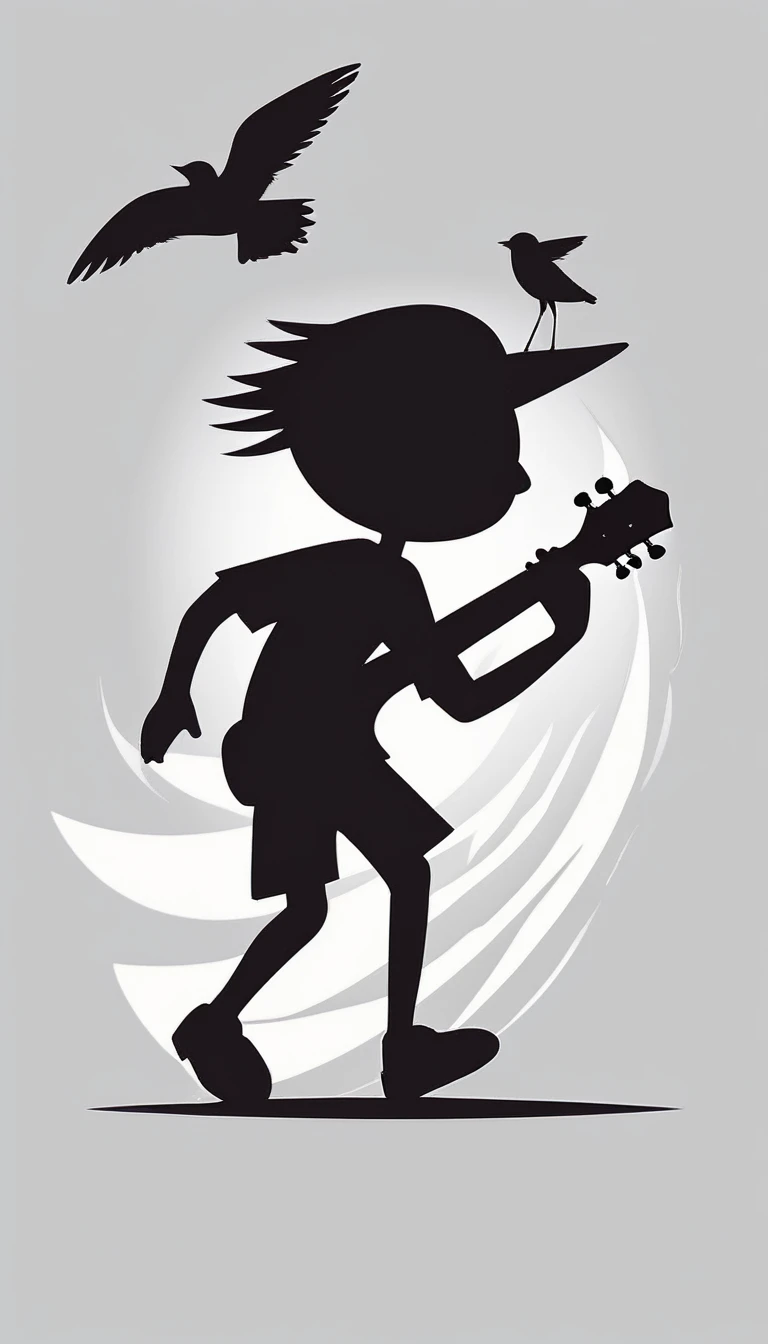Create a modern, minimalistic logo design for a brand about music and movies. The logo must be in minimalistic style and convey a sense of storytelling. The logo is the silhouette of a boy and a bird. The boy is running with open arms, holding an acoustic guitar in the right hand and a bird feather in the left hand.