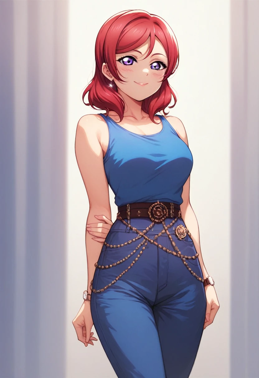 Maki nishikino,love live,highres,red hair ,dolo, purple eyes,blush ,collarbone , blue shirt, sleeveless,low waist trousers,thin belt,hand watch, fashion , (smile:0.6),(lipstick:0.7)