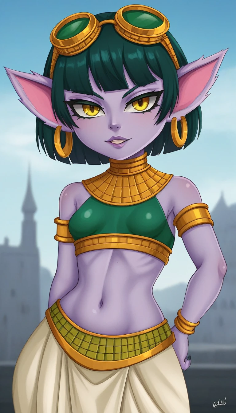 TristanaLoLXL, yordle, yellow eyes, pointy ears, by white, short hair, earrings, glasses on head, purple skin, colored skin. small breasts, green crop top, belly button, cleopatra&#39;s clothes