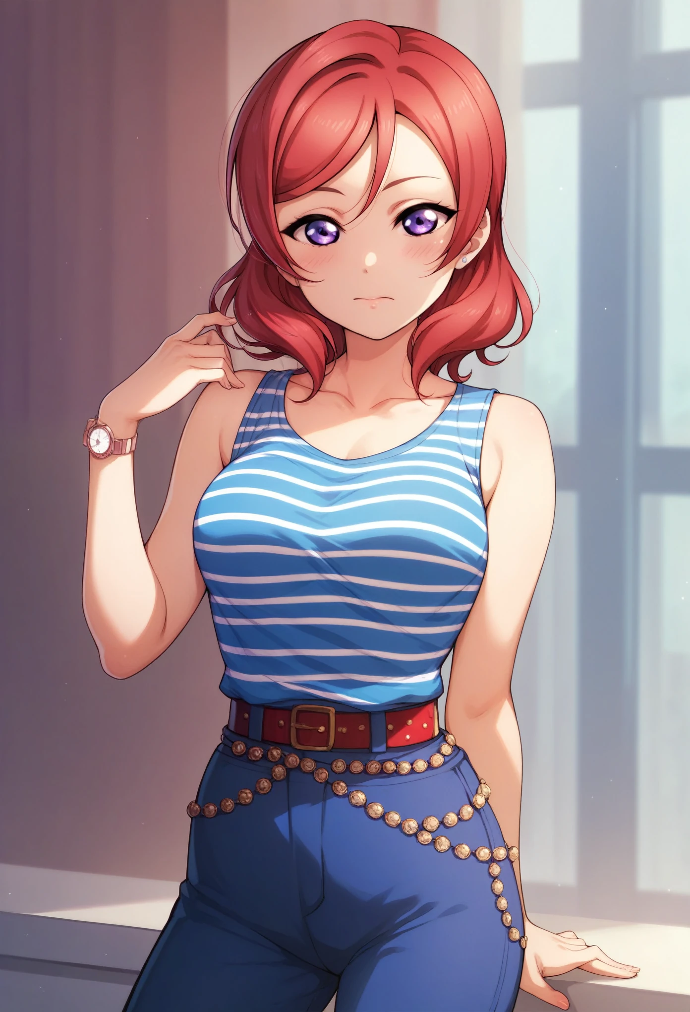 Maki nishikino,love live,highres,red hair ,dolo, purple eyes,blush ,collarbone , blue striped shirt, sleeveless,high waist trousers,thin belt,hand watch, fashion 