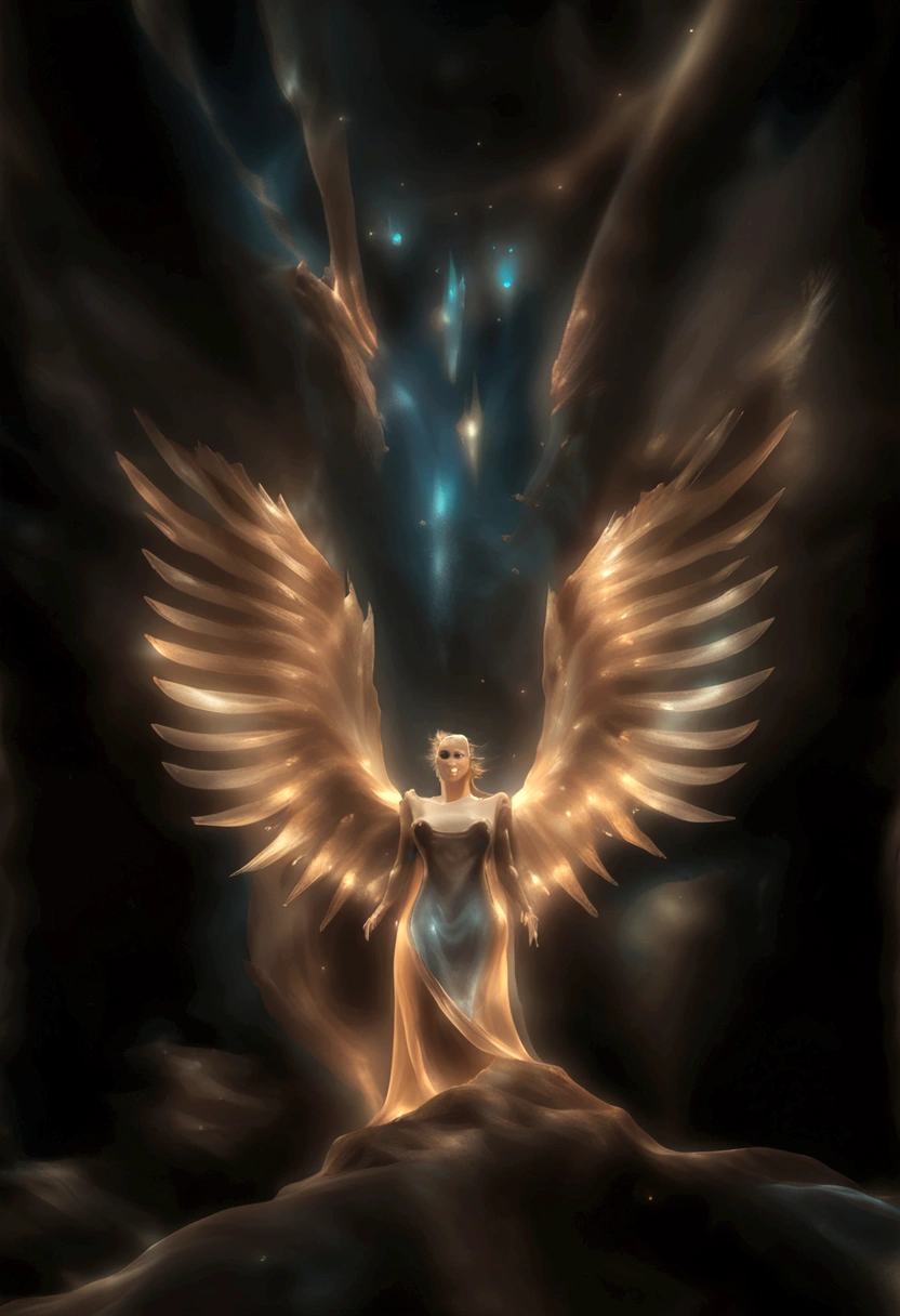 cosmic fallen angel, glowing light eyes, Biomechanicals, weirdcore, frightful, nightmarish, very bright colors, light particles, with bright light, Mshiff, Wallpaper Art, UHD Wallpaper