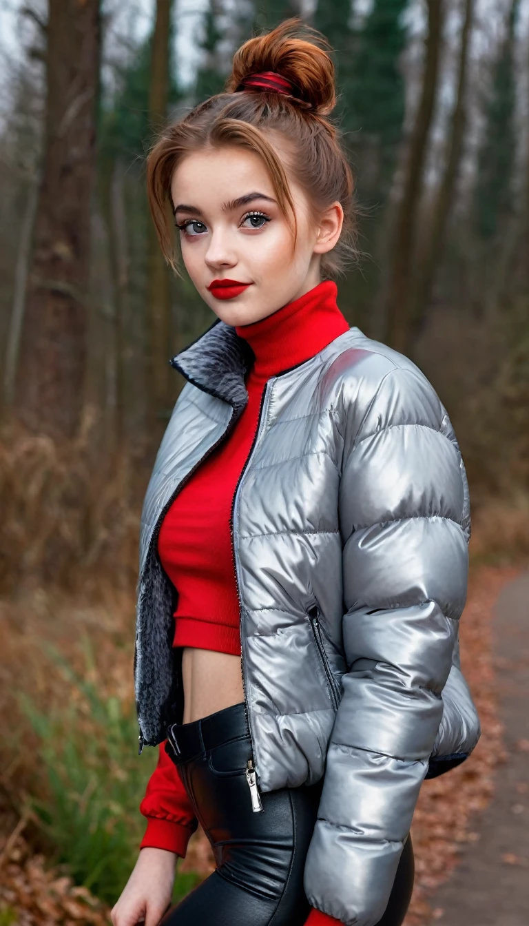 ultrarealistic high quality fullbody photo of a beautiful slim european teen girl with cute hyperdetailed shy face and natural redhead short messy bun and mischievous face, realistic round hazel eyes, red lips, dark eye makeup with eyeliner, wearing shiny red puffer jacket and faux leather leggins, hourglass body, outdoor shooting