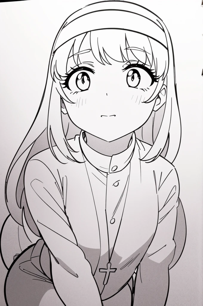 lineart, monochrome, a drawing of a nun with sexy pose, clean anime outlines, perfect lineart, clean lineart, extremely fine ink lineart, nun outfit, simple lineart, beautiful line art, anime style drawing, thick black lineart, black and white manga style, pin on anime
