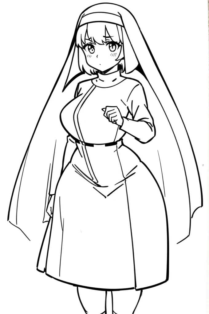 lineart, monochrome, a drawing of a nun with sexy pose, clean anime outlines, perfect lineart, clean lineart, extremely fine ink lineart, nun outfit, simple lineart, beautiful line art, anime style drawing, thick black lineart, black and white manga style, pin on anime