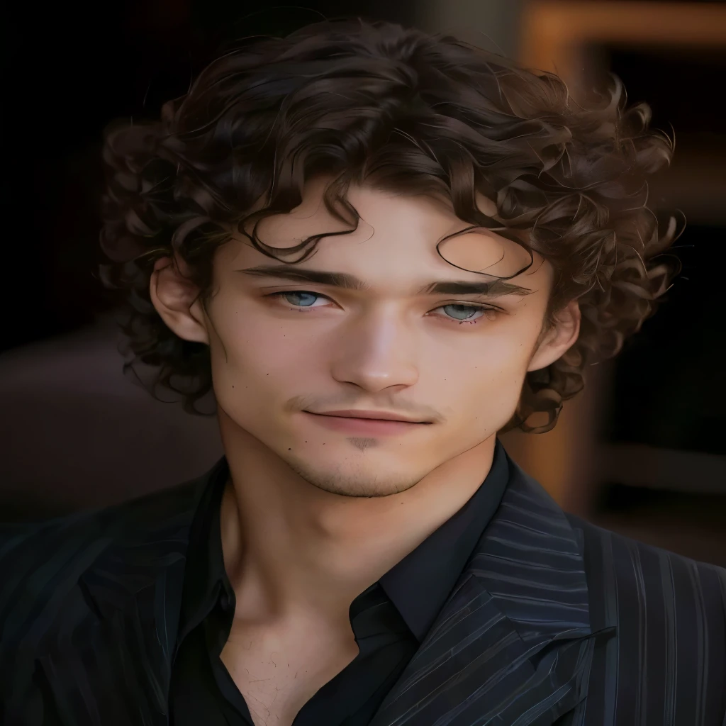 a closeup of a man in a suit and tie looking at the camera, él tiene el pelo chestnut corto y rizado, robert sheehan, very pretty face!!, Will Graham, with blue eyes!!!!, disheveled appearance, Handsome man, curly hair cut, chestnut, Hugh Dancy, William Graham