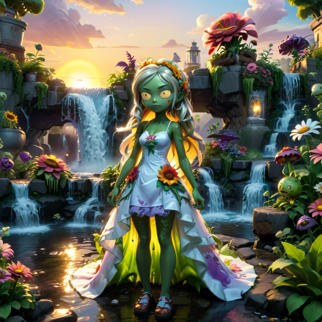 cartoon,plant vs zombies,dress,perfect anatomy,standing,innocent,flower,waterfall,sunset,cinematic lighting,(masterpiece,8k,Professional,perfect composition,very aesthetic,absurdres,ultra-detailed,intricate details:1.4),perfect proportion