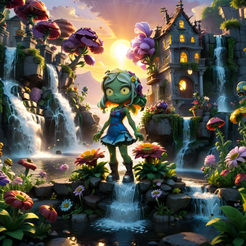 cartoon,plant vs zombies,dress,perfect anatomy,standing,innocent,flower,waterfall,sunset,cinematic lighting,(masterpiece,8k,Professional,perfect composition,very aesthetic,absurdres,ultra-detailed,intricate details:1.4),perfect proportion