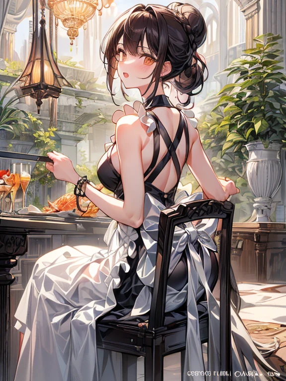 (from below:1.2),(from side:0.9), ((Face)), (Close-Up:0.4), (A masterpiece of image quality in 8K),(Beautiful Allafed Woman),(((emphasizing breasts:1.3))),(Dynamic angles),(Dynamic and sexy bending pose:1.3),(sit a chair:1.3),(Short hair in shiny silver and orange inner colors,large full breasts,Disturbance of clothing due to movement,breast slip,(Ponytail twisted buns adorned with elaborate braids and beads,Braided Setup Fishbone Hair:1.2),(see-through bangs),medium breasts,(((A brown lace apron that shows your bare skin from under your small breasts.......)))、Blush with embarrassment、Enraptured eyes、 open mouth,A smile that beguiles the viewer、(Look back:1.7)、Look into the photographer,skin glistening with sweat,gazing at viewer,,(Professional Lighting),(masutepiece,top-quality,Ultra-high resolution output image,),(Ultra HD with complex detail image modes),depth of fields,Beautiful hands,Beautiful fingers,Detailed finger features,(Detailed hair features:1.7),detailed facial features,detailed clothes features,