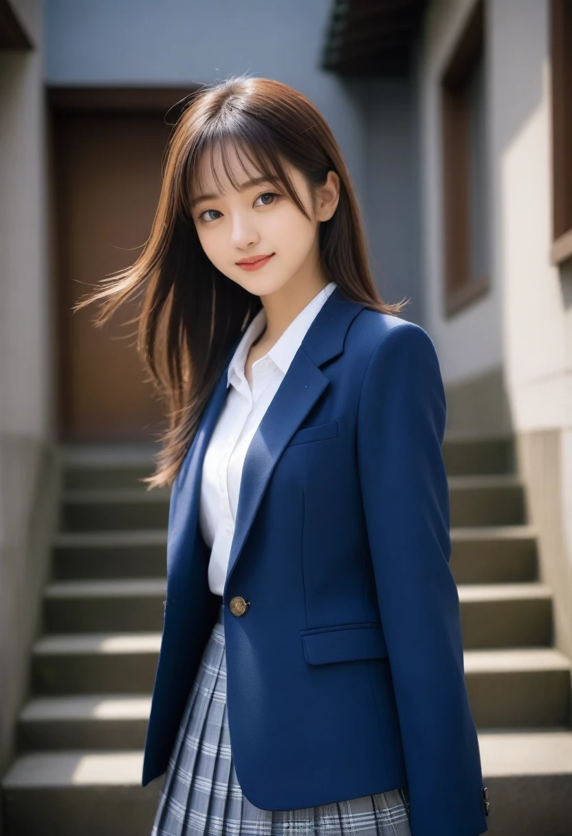 8K, Ultra-high resolution, Highest quality, masterpiece, 三分割法によるphotograph,Surreal, photograph, 1 Girl, (:1.3), pretty girl, Cute face, Beautiful eyes in every detail, 細かくdetailedに,masterpiece,, One Girl:1.2, Japan Female Announcer、Cowboy Shot,((very small head:1.3)),Center-parted bangs,amount,Black Hair,Long Hair,Iris,Gorgeous eyes,smile,((Toned body,Slender body,skinny)),(school uniform、Dark blue blazer jacket、Navy blue tie、Grey plaid pleated mini skirt),Glowing Skin,Shiny skin,Climbing the stairs,Fire escape in a building,Full of sex appeal,Sensual,屈託のないsmile,Heal the heart,Low - Angle、beauty,Long neck、Laugh a little、Please close your mouth and laugh、(((Ideal body type))),A cup small breasts :2,、Portraiture:2、Perfect Anatomy、鮮明なdetailed、detailed、Surreal、Light and shadow,Strong light