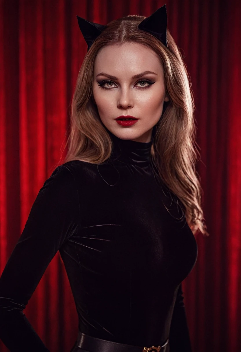 beautiful evil slavic woman, pale skin, long dark blond hair, Photo, Halloween Skin - Catwoman, in club, velvet black suit, whole body, Sharp Focus, dynamic sexy pose, helios 44-2, swirling bokeh, Sharp Focus, Студийное Photo, complex parts, high detail, sharpness, character portrait, perfect lighting, masterpiece, Detailed backstory, Cinematic lighting, 8 k, ultra detailed, hyperrealism, masterpiece, perfectly focused, f/22, symmetry and balance, artistic, infrared photography, outstanding details,
