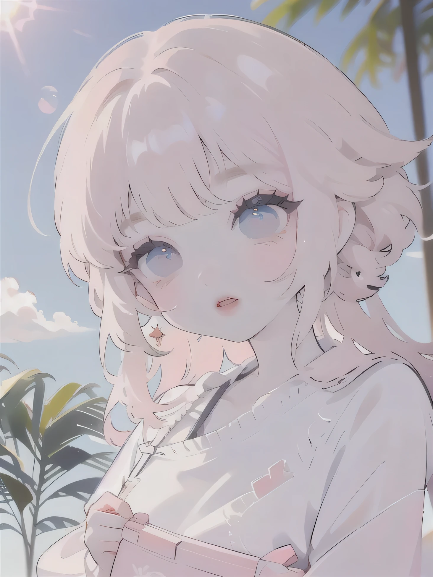 (high quality) (best quality) (a woman) (correct physiognomy) (perfect students) (perfect eyes) anime woman, deep pink, long and fluffy hair, two rabbit ears coming out of her head, blue eyes, lips sensitive, feminine appearance, soft facial features, thin eyebrows, soft skin, rosy cheeks, pink lips, silky eyelashes, dreamy expression, middle age, youthful clothing, print sweatshirt, photo illuminated by sunlight, Woman sitting on forest.