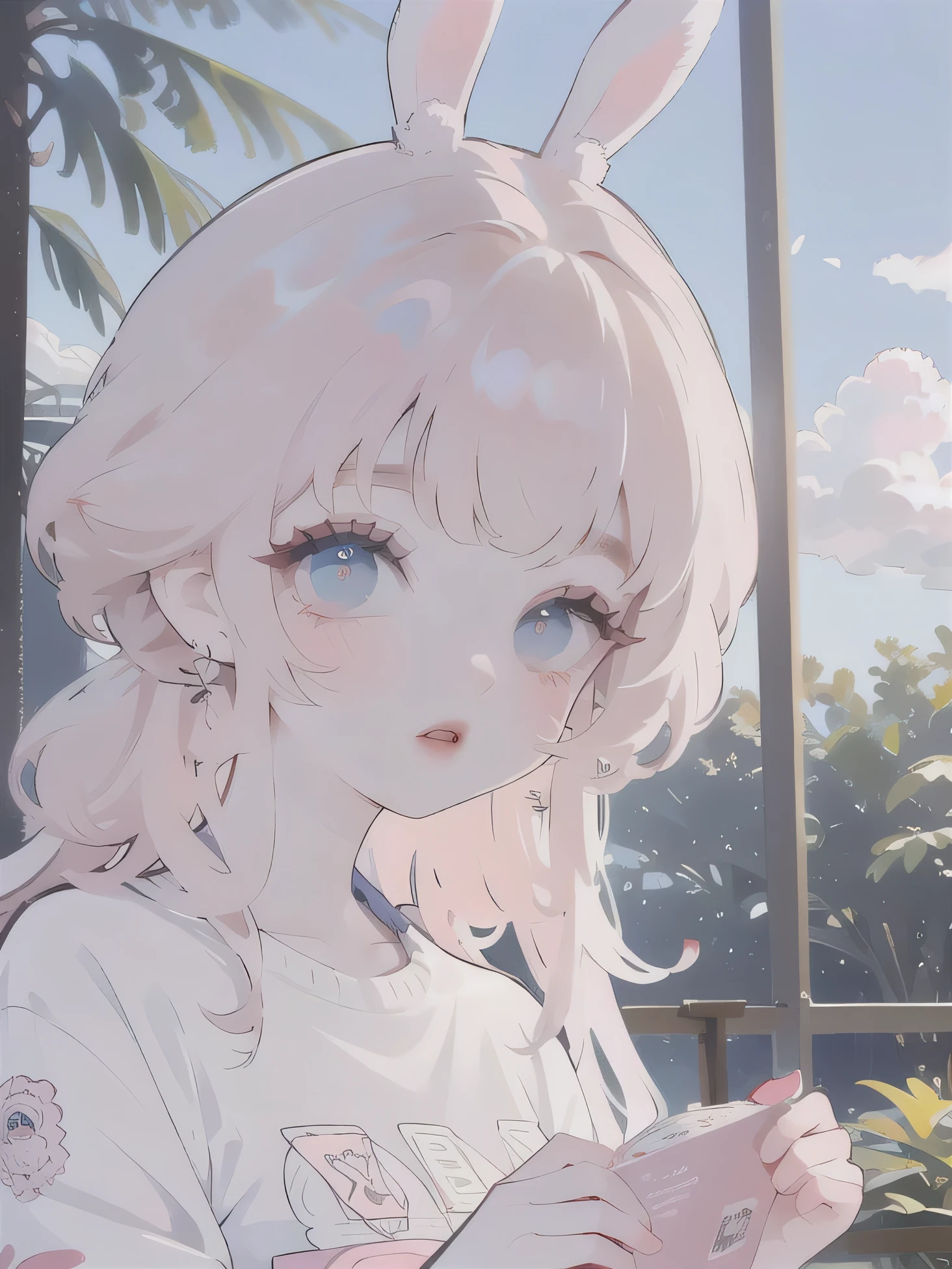 (high quality) (best quality) (a woman) (correct physiognomy) (perfect students) (perfect eyes) anime woman, deep pink, long and fluffy hair, two rabbit ears coming out of her head, blue eyes, lips sensitive, feminine appearance, soft facial features, thin eyebrows, soft skin, rosy cheeks, pink lips, silky eyelashes, dreamy expression, middle age, youthful clothing, print sweatshirt, photo illuminated by sunlight, Woman sitting on forest.