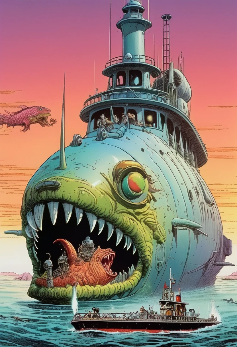 Mobis (Jean Giraud) Style - A picture by Jean Giraud Mobis, The picture shows a fish monster biting a submarine, Huge rib background,western backdrop in Mobis' signature style with sharp detailing and vibrant colors. Shot with Panavision Panaflex Gold II and Ultra Panavision 70 lenses, The image is full of film grain and low-key lighting,It creates a mysterious and tense atmosphere.