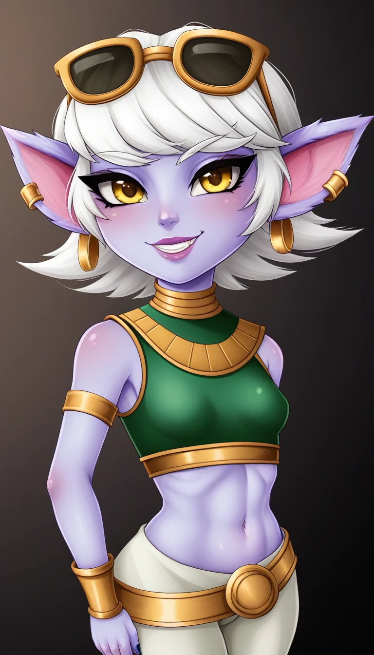 TristanaLoLXL, yordle, yellow eyes, pointy ears, by white, short hair, earrings, glasses on head, purple skin, colored skin. small breasts, green crop top, only cleopatra clothes, White hair 