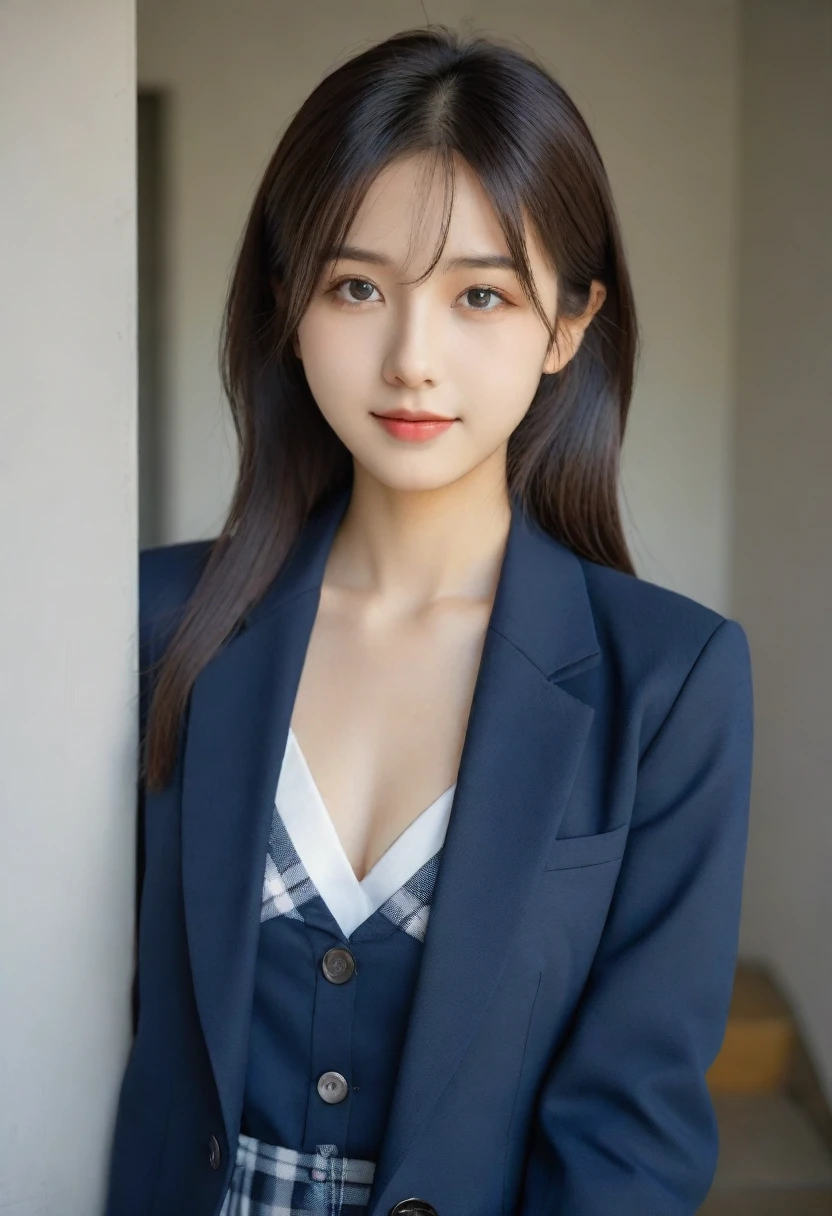 8K, Ultra-high resolution, Highest quality, masterpiece, 三分割法によるphotograph,Surreal, photograph, 1 Girl, (:1.3), pretty girl, Cute face, Beautiful eyes in every detail, 細かくdetailedに,masterpiece,, One Girl:1.2, Japan Female Announcer、Cowboy Shot,((very small head:1.3)),Center-parted bangs,amount,Black Hair,Long Hair,Iris,Gorgeous eyes,smile,((Toned body,Slender body,skinny)),(school uniform、Dark blue blazer jacket、Navy blue tie、Grey plaid pleated mini skirt),Glowing Skin,Shiny skin,Climbing the stairs,Fire escape in a building,Full of sex appeal,Sensual,屈託のないsmile,Heal the heart,Low - Angle、beauty,Long neck、Laugh a little、Please close your mouth and laugh、(((Ideal body type))),A cup small breasts :2,、Portraiture:2、Perfect Anatomy、鮮明なdetailed、detailed、Surreal、Light and shadow,Strong light
