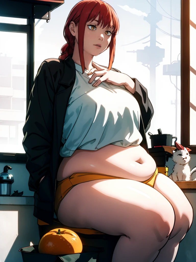 Le personnage Makima de la série animée Chainsaw Man, fragile, obésité morbide, ssbbw, pleine longueur (corps entier 1.1.), fond sombre, obscurité, anatomie correcte 1.1, anatomie correcte de la main, Très féminin, corps gras et rond, grosses Jambes, fesses, beau corps obèse, ventre rond et mou très gras, cheveux roux, Yeux oranges, Cercles rouges pour les écoliers, chemise blanche, jupe noire, cravate noire, pose sexy, réaliste, very détaillé, beau corps, détaillé body, détaillé hands, détaillé, vibrant, détaillé Face, Conception des personnages de Makima. very détaillé, détaillé body, détaillé hands, détaillé Face, Art animé, Hugh Détails, Visage très abattu, détaillé eyes, Illustration ultra fine, Meilleure ombre, détail fin, beautiful détaillé glow, beautiful détaillé, Extraordinairement beau, extremely détaillé, inexpressif, composition épique, Style animé. art animé, Style animé. Jupe noire, chemise blanche, cravatte, pose sexy