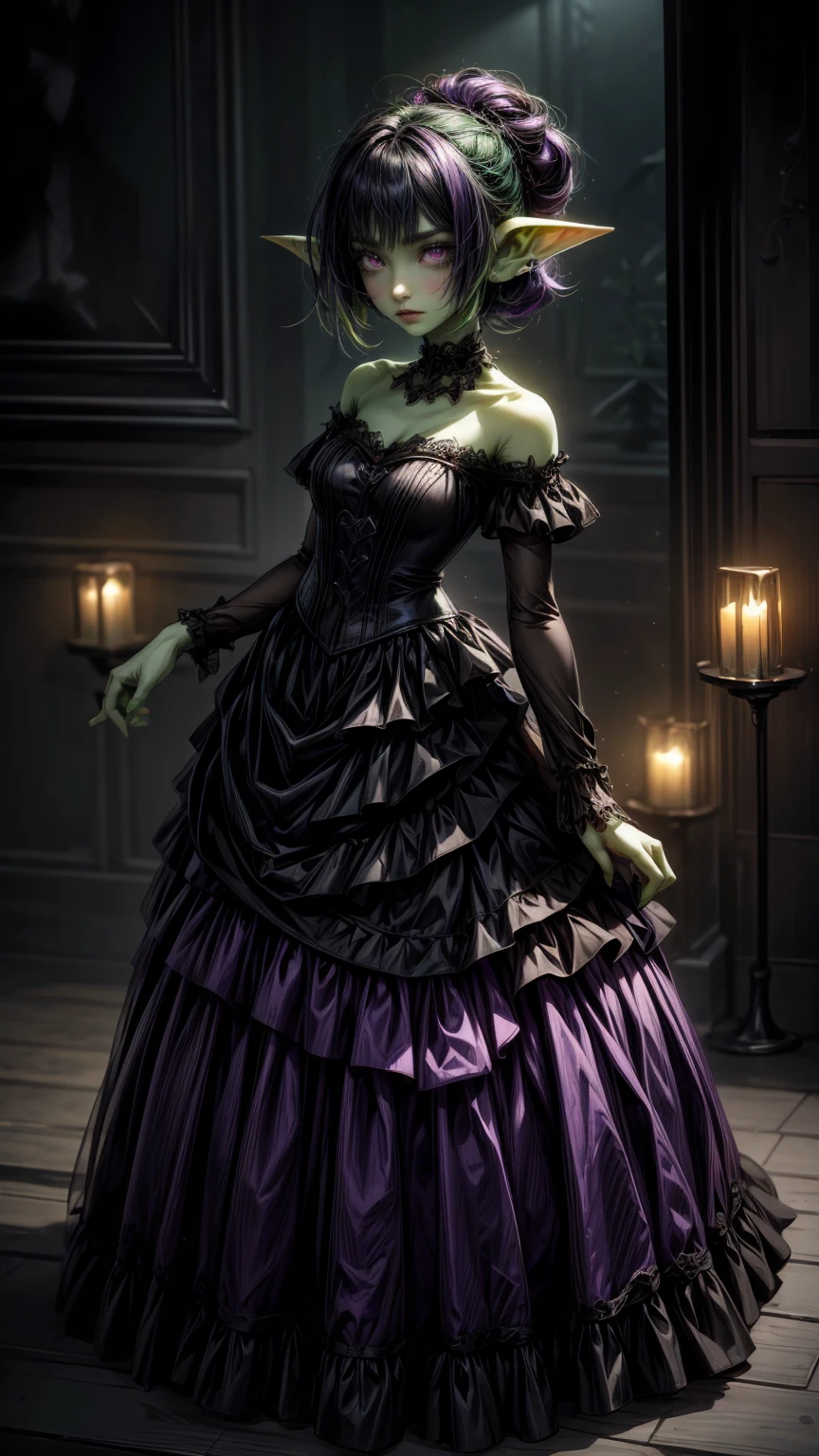 absurdrez, ((best quality)), ((masterpiece)), (detailed), dark gothic horror style, Halloween style, very small goblin girl, (green skin), pointy ears, (short purple hair with black streaks pixie hairstyle), aloof expression, bright red eyes, superior attitude, sassy, smug, wearing ornate large black ball gown, full body, elegant, beautiful, dynamic pose, cinematic still