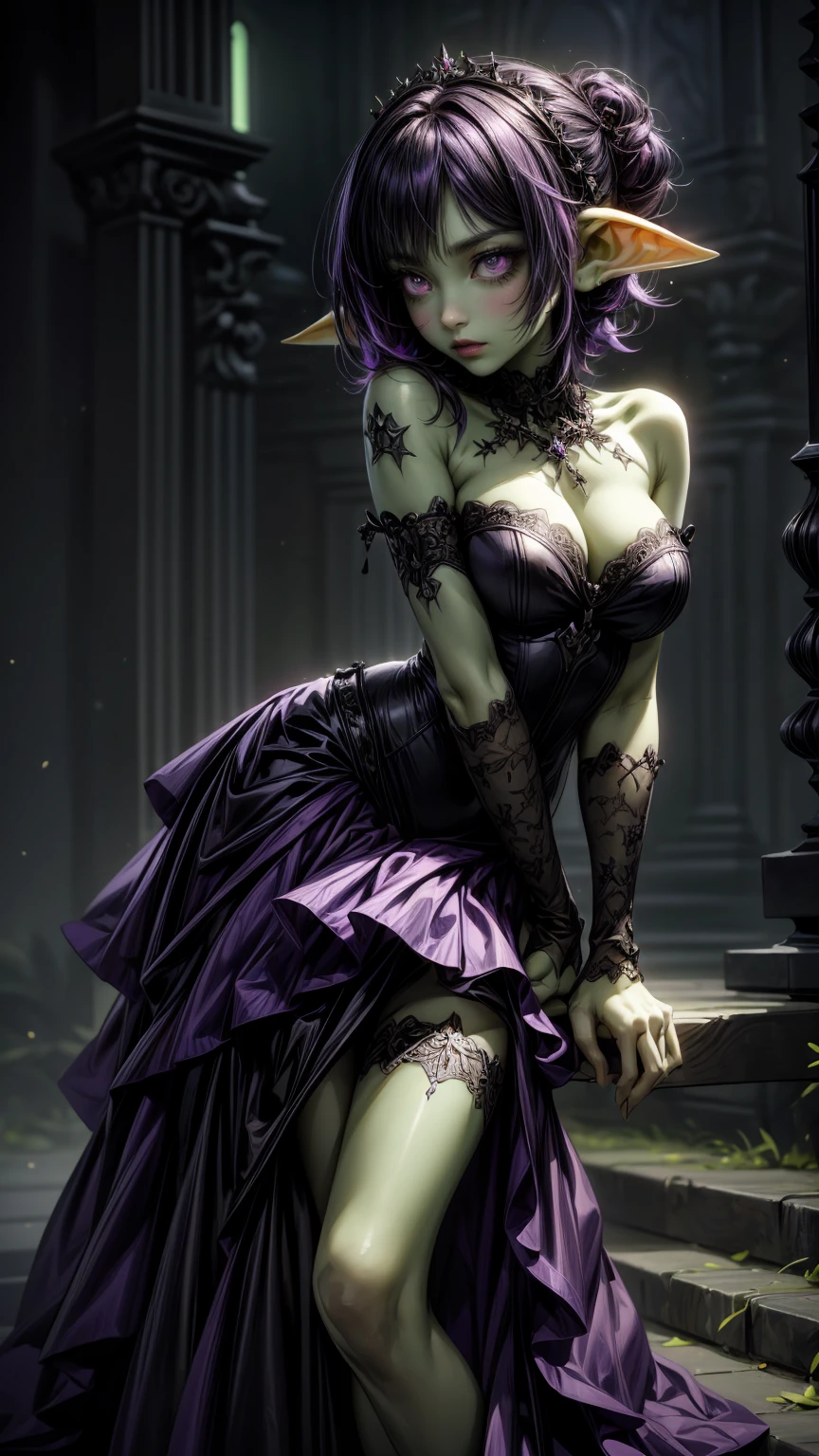 absurdrez, ((best quality)), ((masterpiece)), (detailed), dark gothic horror style, Halloween style, very small goblin girl, (green skin), pointy ears, (short purple hair with black streaks pixie hairstyle), aloof expression, bright red eyes, superior attitude, sassy, smug, wearing ornate large black ball gown, full body, elegant, beautiful, dynamic pose, cinematic still