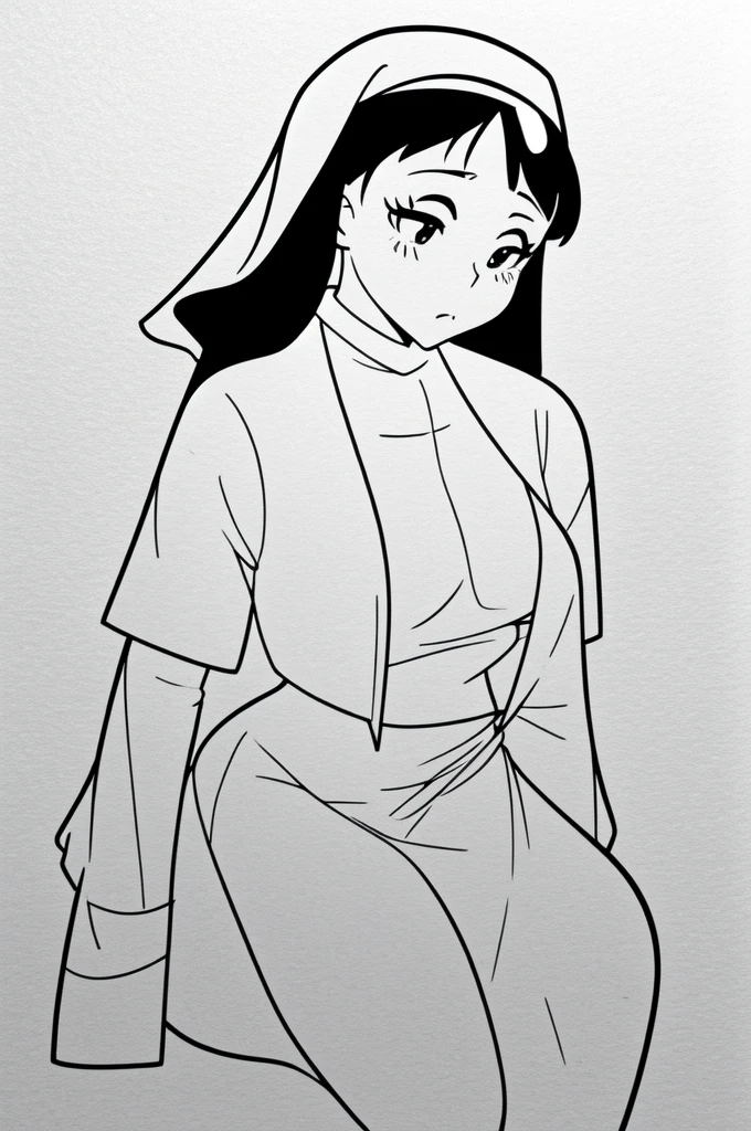 lineart, monochrome, a drawing of a nun with sexy pose, clean anime outlines, perfect lineart, clean lineart, extremely fine ink lineart, nun outfit, simple lineart, beautiful line art, anime style drawing, thick black lineart, black and white manga style, pin on anime