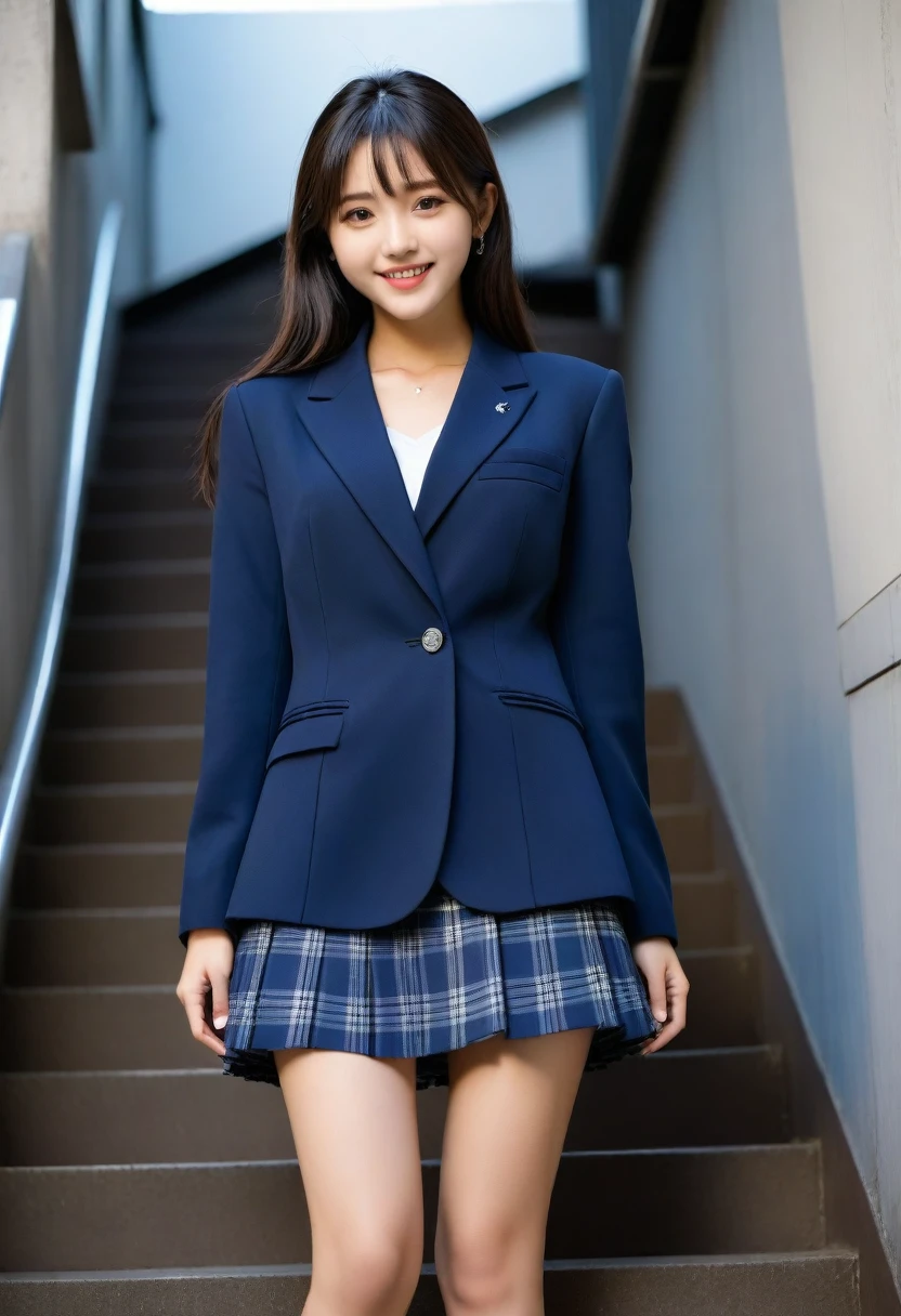 8K, Ultra-high resolution, Highest quality, masterpiece, 三分割法によるphotograph,Surreal, photograph, 1 Girl, (16 years old:1.3), pretty girl, Cute face, Beautiful eyes in every detail, 細かくdetailedに,masterpiece,, One Girl:1.2, Japan Female Announcer、Cowboy Shot,((very small head:1.3)),Center-parted bangs,amount,Black Hair,Long Hair,Iris,Gorgeous eyes,smile,((Toned body,Slender body,skinny)),(school uniform、Dark blue blazer jacket、Navy blue tie、Grey plaid pleated mini skirt),Glowing Skin,Shiny skin,Climbing the stairs,Fire escape in a building,Full of sex appeal,Sensual,屈託のないsmile,Heal the heart,Low - Angle、beauty,Long neck、Laugh a little、Please close your mouth and laugh、(((Ideal body type))),A cup small breasts :2,、Portraiture:2、Perfect Anatomy、鮮明なdetailed、detailed、Surreal、Light and shadow,Strong light