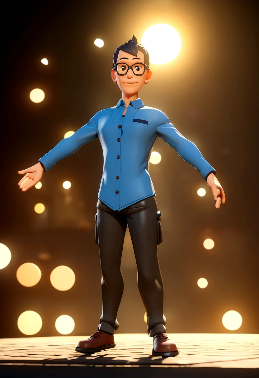 Personagem de desenho animado de um homem e camisa azul, um personagem animado, Caractere estilizado, animation style rendering, 3D estilizado, Arnold Maya rendering, Stylized 3D rendering, toon render screenshot, Personagem 3D, Personagem 3D, Stylized 3D rendering, 3D character rendering, personagem de desenho animado, Personagem de close up, Pose de personagem, (Estilo Pixar) (parte mestre:1.2) (bokeh) (melhor qualidade) (pele detalhada) (textura detalhada) (8K) (argila) (cinematic lighting) (sharp focus,Senta e vaza a parte superior do corpo
