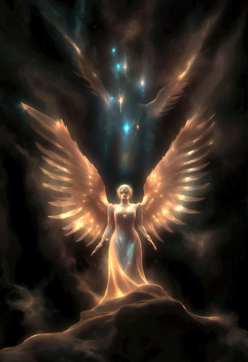 cosmic fallen angel, glowing light eyes, Biomechanicals, weirdcore, frightful, nightmarish, very bright colors, light particles, with bright light, Mshiff, Wallpaper Art, UHD Wallpaper