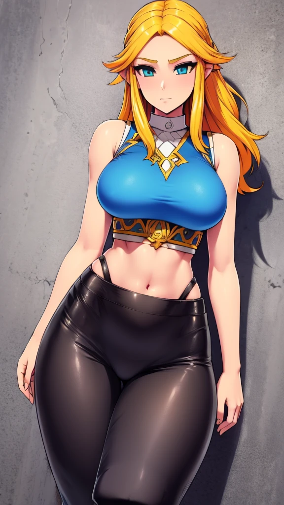 Sexy girl big breast cute cavalry long straight curly yellow hair her blue eye wears blue sleeveless top shows navel and long metallic black pants big thigh sexy brown boot 