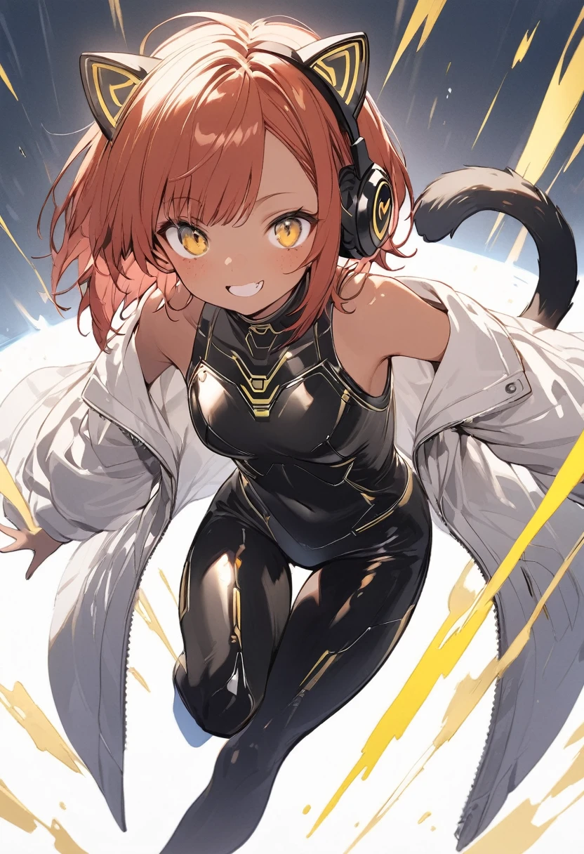full body,1 woman, 20 years old (cute:1.3),short red Hair, left eye blue, right eye yellow, tan skin, freckles,{White breastplate, Black futuristic cat ear headphones, Mechanical black glossy metallic Bodysuit, Bare shoulders, oversized jacket, futuristic cat tail, Glossy, shiny material, sprinting across the frame