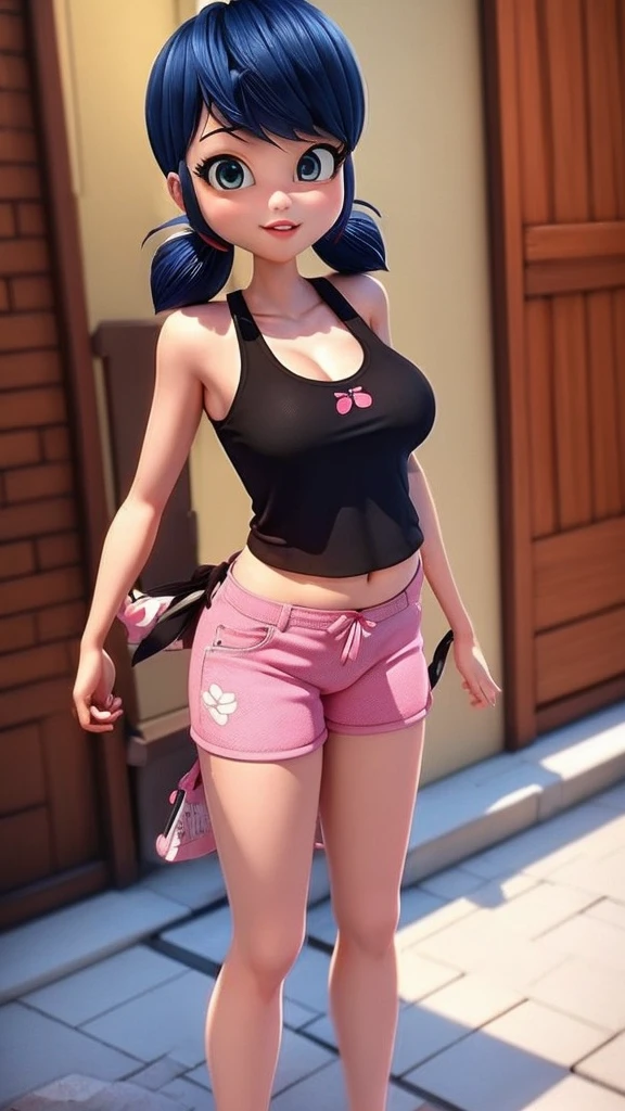 masterpice, (best quality), ((best detailed)), depth of field, Ladybug, big breasts, twintails,, Pink shorts, hyper-pregnant 