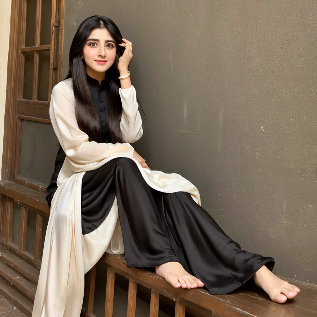 a 28 years old girl, Pakistani girl, with round face, with golden black color silky hairs, pearl white skin color, weight 50 kilogram, with black and little brown big eyes, beautiful nose, with beautiful mouth, with black eyebrows, with 5.2 feets of height, in casual shlwar kameez dress of pakistan