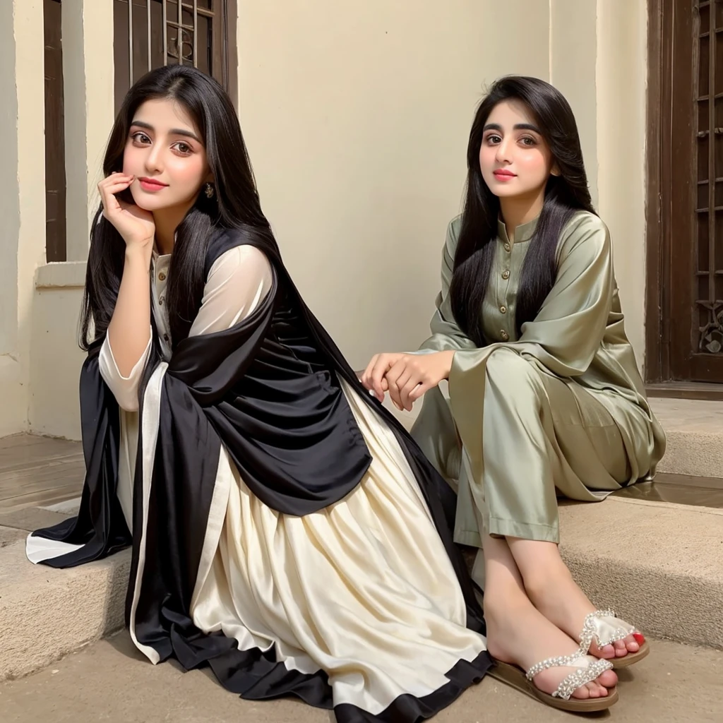 a 28 years old girl, Pakistani girl, with round face, with golden black color silky hairs, pearl white skin color, weight 50 kilogram, with black and little brown big eyes, beautiful nose, with beautiful mouth, with black eyebrows, with 5.2 feets of height, in casual shlwar kameez dress of pakistan