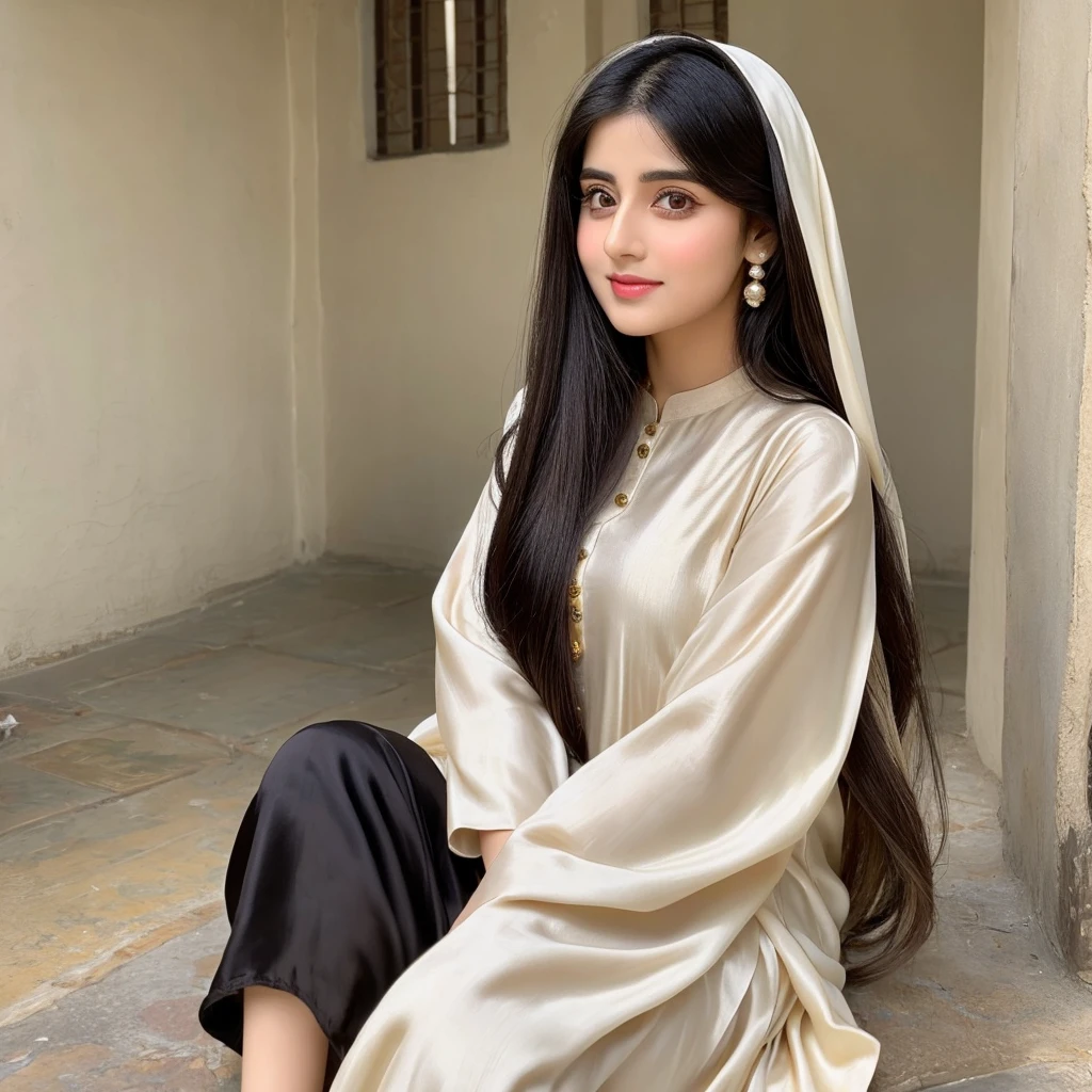 a 28 years old girl, Pakistani girl, with round face, with golden black color silky hairs, pearl white skin color, weight 50 kilogram, with black and little brown big eyes, beautiful nose, with beautiful mouth, with black eyebrows, with 5.2 feets of height, in casual shlwar kameez dress of pakistan