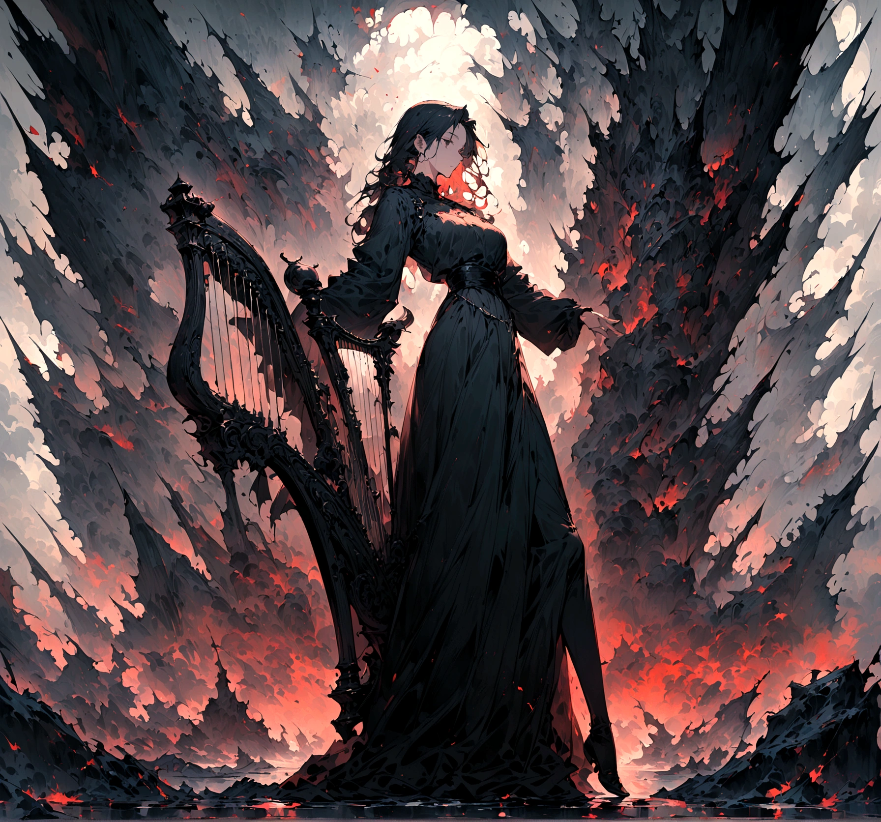 (HD), (masterpiece), (best quality), (Super detailed), (Best illustration), woman, Instrument 2Harp, whole body, middle Ages, Alone。