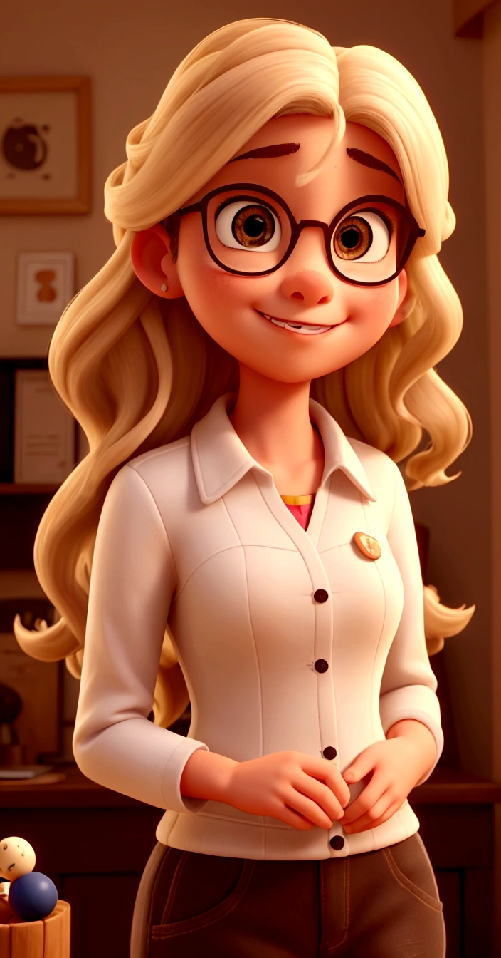 a 12 year old girl with dark skin, Long curly dark hair, Brown eyes, a little chubby, round face in Disney Pixar style Intensely.
